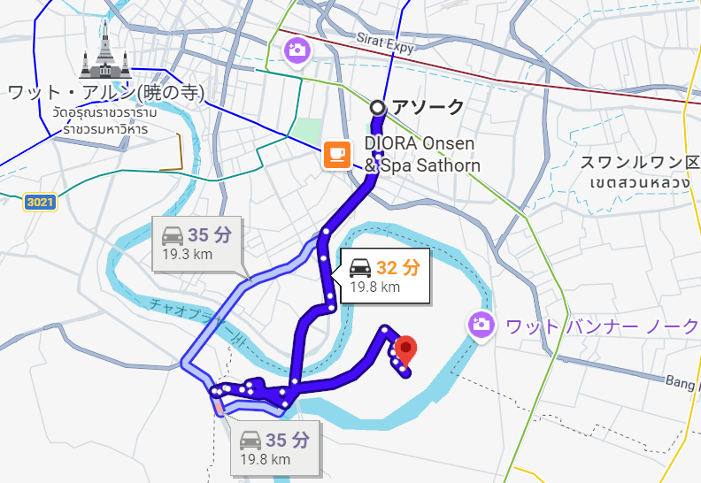 スクンビット周辺からバーンカチャオへ車で向かうルートの地図